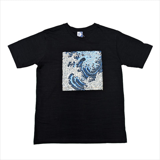 刺繍風スラブTシャツ 怒濤図（男浪 / 黒）